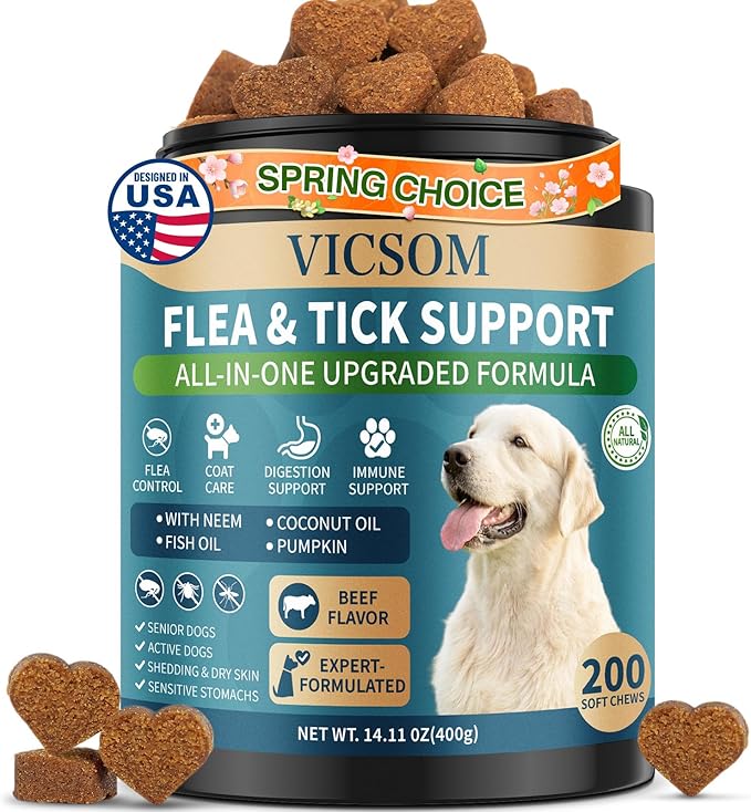 Flea and Tick Prevention for Dogs Chewable, 200 Soft Treats Natural Oral Dog Flea and Tick Treatment Chews Support Dog Skin & Digestive Supplement for Dogs Puppies All Breeds & Ages, Beef Flavor
