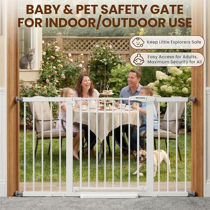 Mumeasy 29.7-57" Extra Wide Baby Gate for Doorways, Auto Close Dog Gate Indoor for Stairs, No-Drill Pressure Mounted Pet Gate with Door, Easy Walk Thru Long&Large Safety Gate for House, Outdoor, White