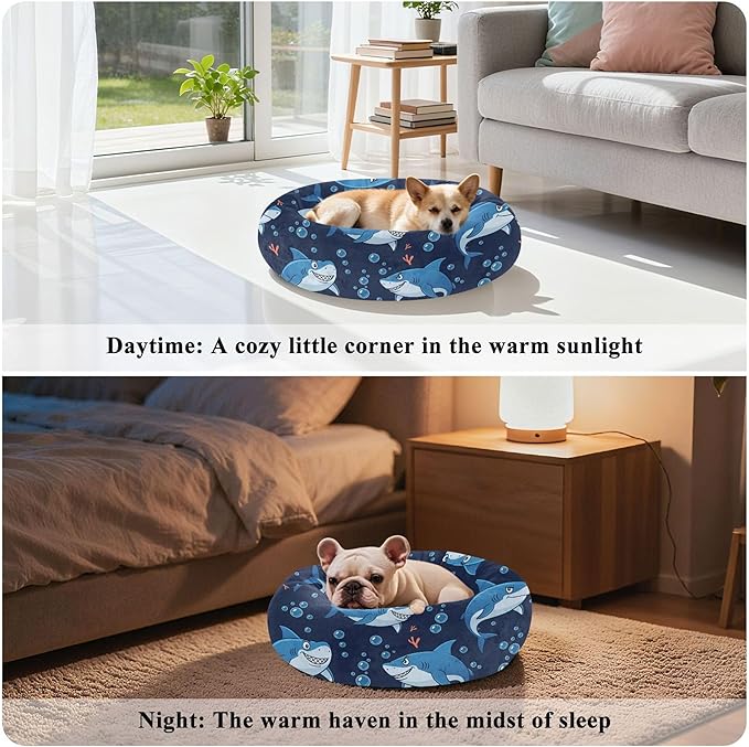 Burbuja Sharks Donut Pet Bed, Calming Soft Dog Bed with Anti-Slip Bottom, Round Cuddler Support for Dogs & Cats, Washable 13 in
