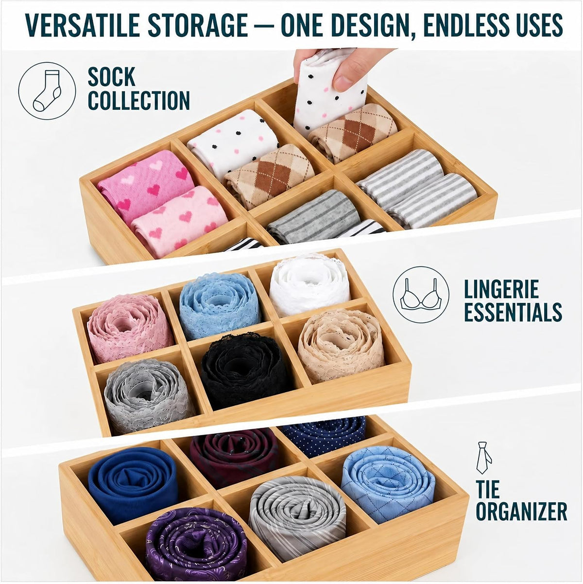 Closet Drawer Organizer Divider - 2 Pack Bamboo Holders Organizers