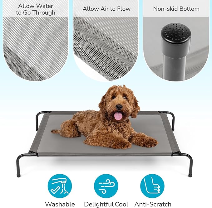 Elevated Dog Bed Raised for Large Sizes Dogs, Portable Outdoor Dog Cot, Installation Requires No Tools, Frame with Washable Cooling Breathable Mesh Anti-Slip Feet, Indoor Pet Bed Cots, 50 Inches Gray