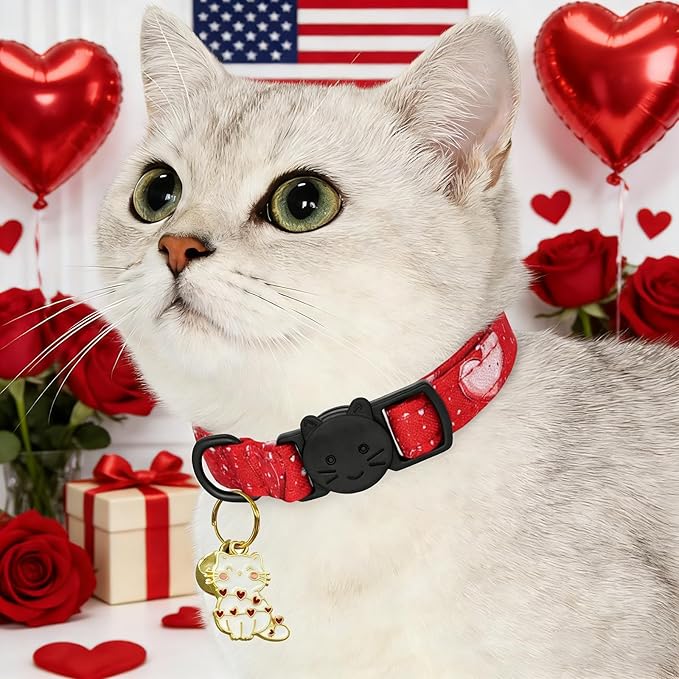 Valentine Cat Collar-2 Pack Collars Red and Black Heart Print Breakaway with Kitten and Bell Pendant Safety Buckle Adjustable Pet Collar for Cats Gift for Cats and Small Pets