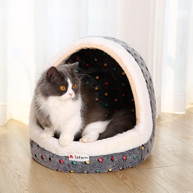 Tofern Dog Beds for Small Dog Cats Colorful Dots Pattern Striped Cute Fleece Warm Washable Igloo Pet Bed with Removable Cover