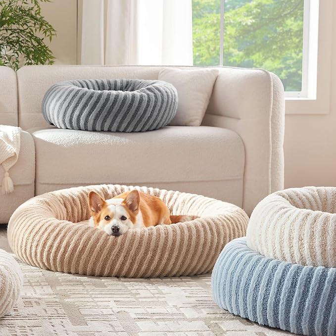 MIXJOY Dog Beds Large Sized Dogs, Washable Dogs Bed with Removable Cover, Cozy Donut Dog Ded Fluffy Plush Faux Fur Pet Bed with Anti-Slip Bottom, 36"x36"x10", Beige