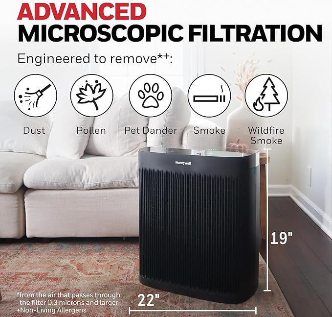 Honeywell HEPA Air Purifier for Home, 2423 Ft² Rooms in 1 hour, Air Quality Monitor, Auto Mode, Reduces Allergens, Dust, Pollen, Pet Dander, Odors, Smoke, Black, HPA5300B