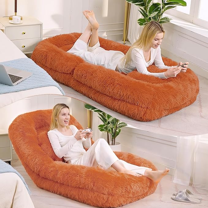Human Dog Bed for Adult and Kids, Comfy Foldable Lazy Floor Sofa Bed with 5 Adjustable Position, Orange Upholstered Floor Bean Bag Lounger Chair for Bedroom, Living Room,Office (Orange)