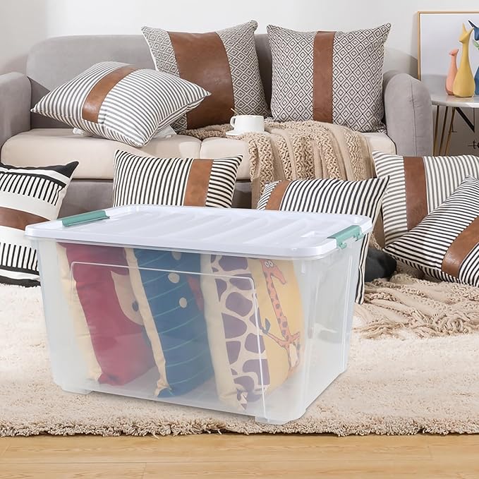 80 L Large Plastic Storage Bins with Lids, 4 Pack Wheeled Clear Storage tote with Latch Handle