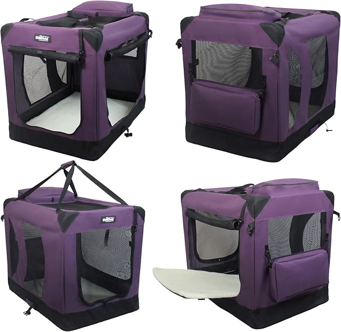 EliteField 3-Door Folding Soft Dog Crate with Carrying Bag and Fleece Bed (2 Year Warranty), Indoor & Outdoor Pet Home (42" L x 28" W x 32" H, Purple)
