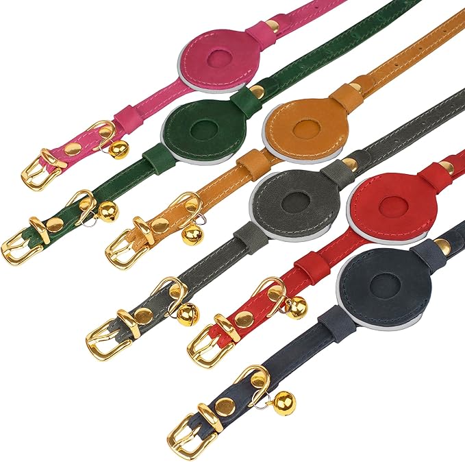 OOPSDOGGY Reflective Leather AirTag Cat Collar with Bell - Non Breakaway Adjustable Pet Collar with Apple Air Tag Holder - Lightweight GPS Kitten Collars for Small Dogs Puppy (Teal)