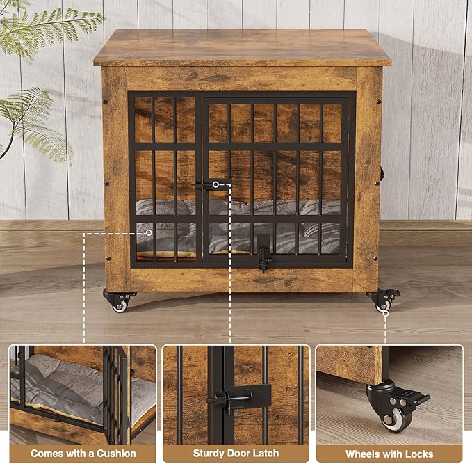 27.1" Dog Crate Furniture with Cushion and Wheels, Wooden Dog Kennel Indoor for Small Dogs, Farmhouse Pet Cage for Anxiety Dog, Rustic Brown (27.1" L x 17.9" W x 24.8" H)