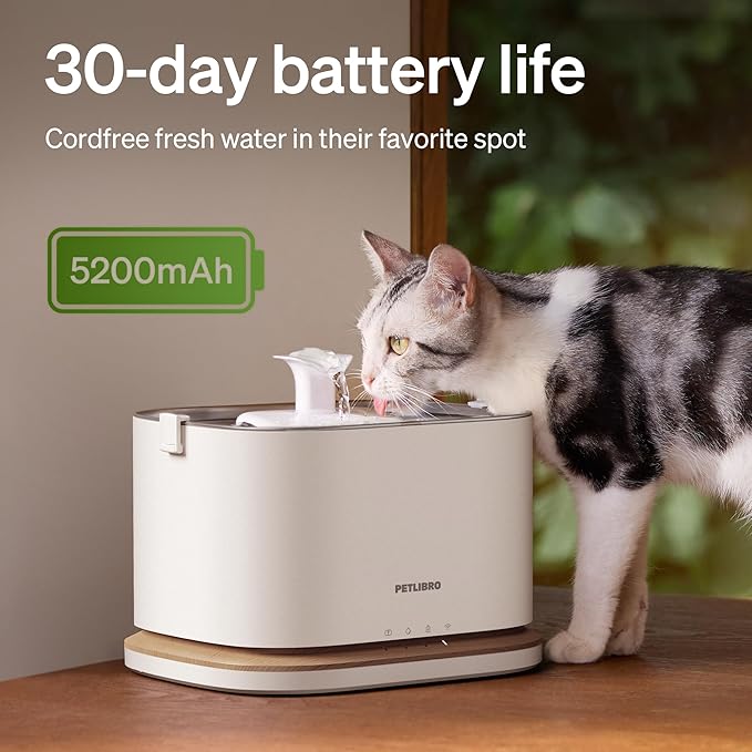 PETLIBRO Upgrade Cordless Cat Water Fountain + 8 Packs Genuine Cat Fountain Filter Replacement, App Monitoring 3L/101oz Dockstream 2 Pet Water Fountain with Stainless Steel Tray, 4-Month Set Easy-Swap