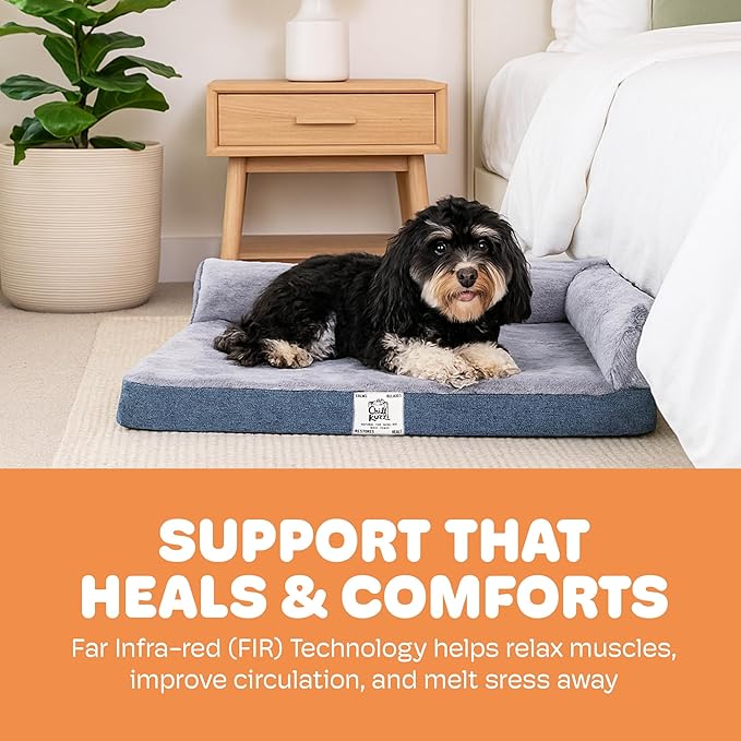Dog Gone Smart Chill Kuzzi Dual Bolster Crate Pad - Washable Dog Bed Infused with Far Infrared Rays (FIR) - Supportive Plush Cushion for Crates, Travel, and Recovery - Slate Blue, Large 22 x 35 Inches