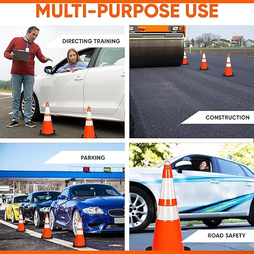 Pyle Traffic Cones, 8-Pack PVC with Heavy-Duty Base, 28" High-Visibility Safety Cones with Stackable Design for Parking, Roadwork, Construction Zones, Sports Training & Outdoor Weather-Resistant Use
