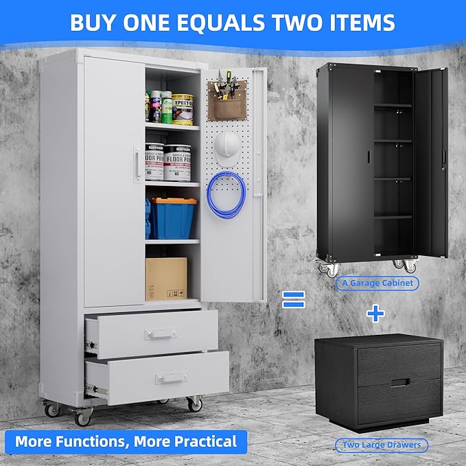 SUXXAN Rolling Storage Cabinet with 2 Doors and 2 Drawers, Heavy Duty Metal Storage Cabinet with Shelves, Locking Steel Cabinet for Warehouse, Home, Office (White)