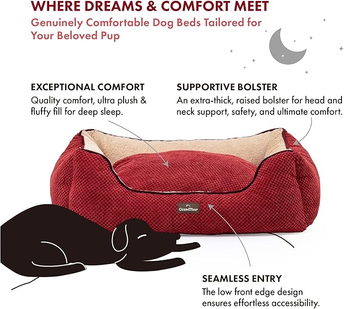 GRANDTIES Fluffy Dog Beds for Small Medium Large Dogs & Cats, Machine Washable Dog Bed, Rectangle Breathable Soft Calming Sleeping Warming Pet Beds with Waterproof & Non-Slip Bottom (M 34", Cherry)