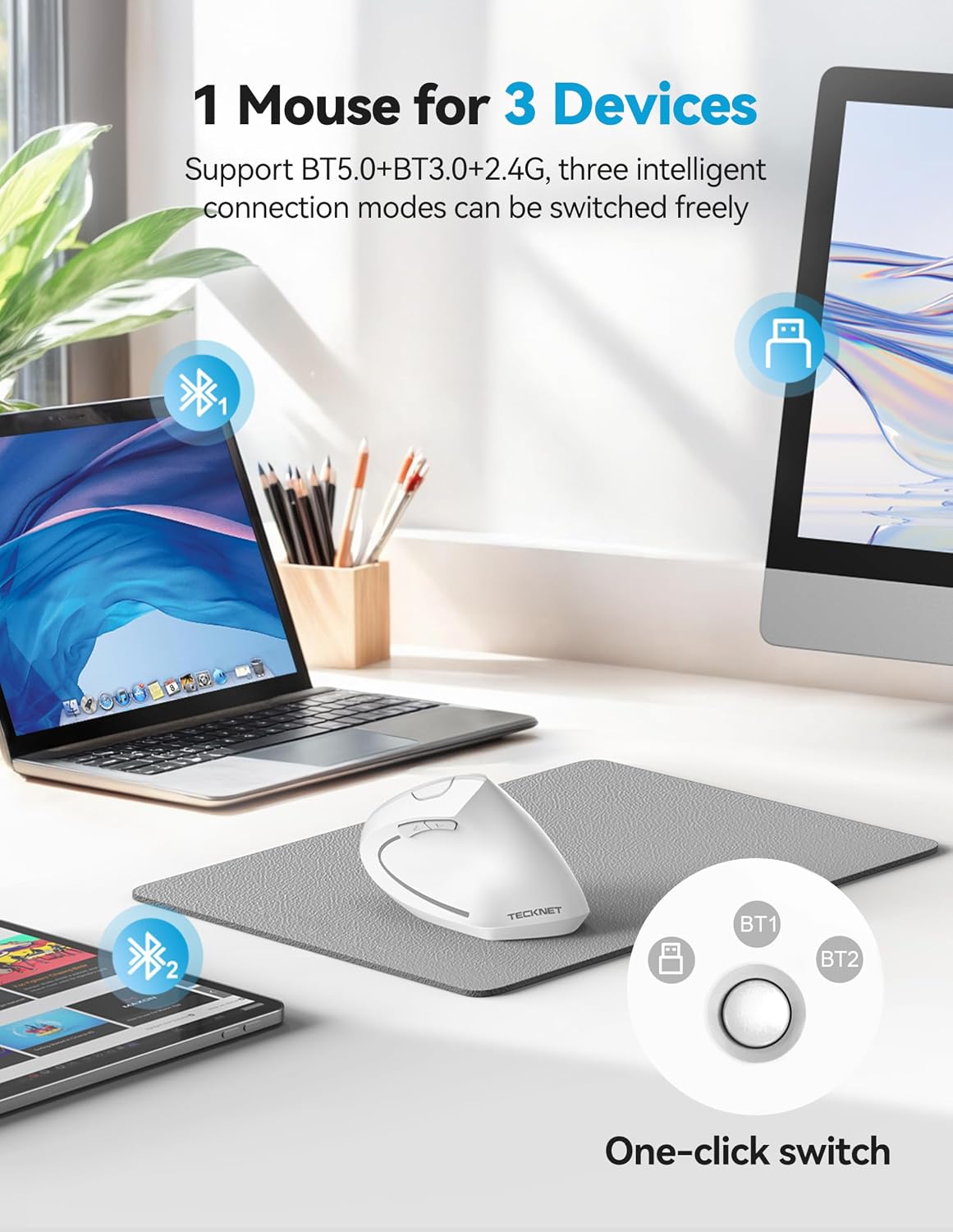TECKNET Ergonomic Mouse Wireless, Rechargeable Vertical Mice Right Hand