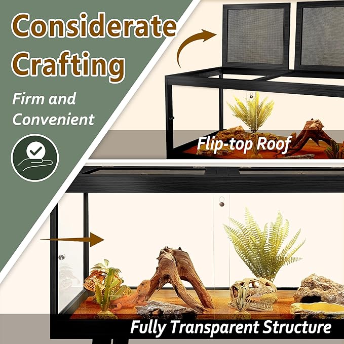 PROLEE Tempered Glass Reptile Enclosure with Leg,24“ Scratch-Proof Bearded Dragon Tank,28 Gallon Lizard Tank with Metal Mesh Tops and Lockable Door,Spacious Reptile Habitat for Snake,Tortoises (Black)
