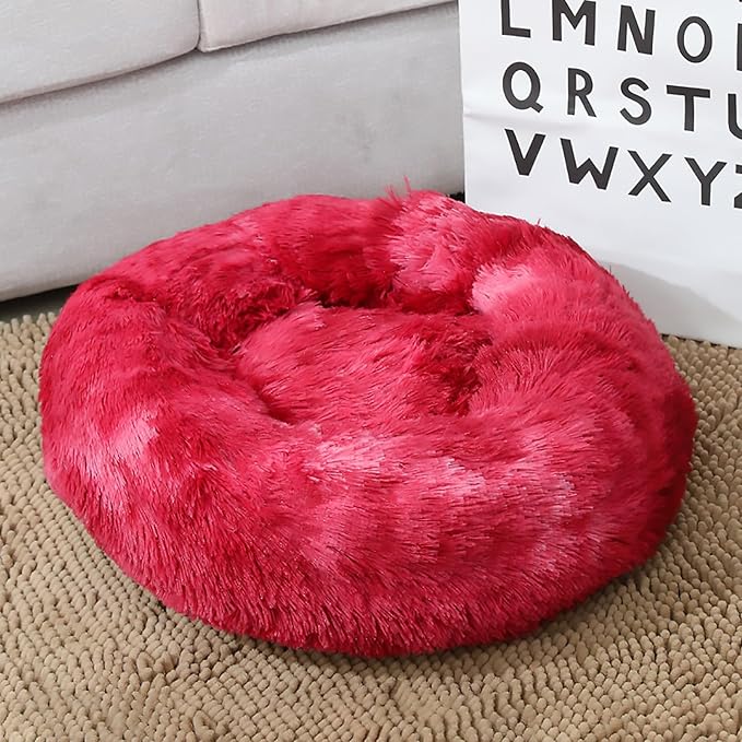 Calming Dog Bed for Small Dogs, Calming Donut Cuddler Pet Bed Anti Anxiety Round Dog Bed Fluffy Plush Faux Fur Cat Bed,Wine red,31.5IN