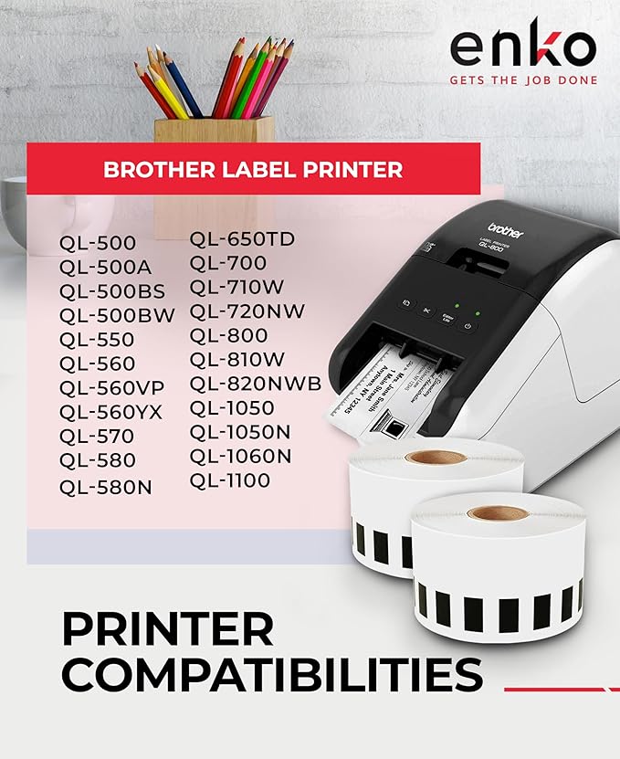 enKo - Compatible DK-2205 Continuous Blank White Paper Labels (2.4 Inch x 100 Feet) Use with Brother QL Label Printers QL-800, QL-820NWB QL 810W - [12 Rolls + 4 Refillable Cartridge Frames]