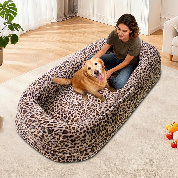 Human Dog Bed for Adult,70"x38"x10" Extra Large Human Pet Bed,Orthopedic Washable XL Dog Bed with Memory Foam (Leopard Print)