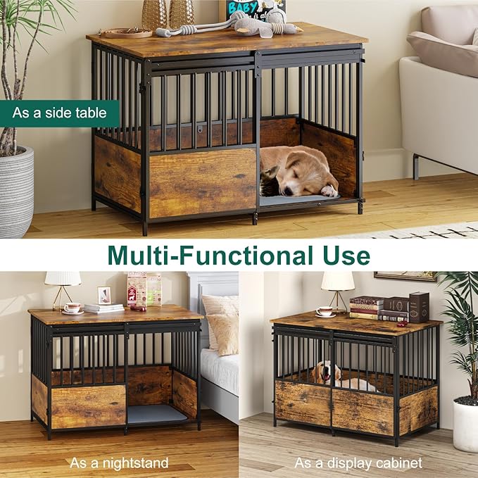 40 Inch Dog Crate Furniture with Cushion for Large Medium Dogs, Heavy Duty Dog Kennel with Double Doors, Decorative Indoor Pet Cage Side End Table with Sliding Door, Chew-Resistant, Brown