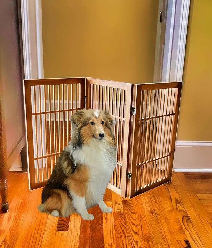 Urnporium Pet Dog Gate Freestanding, Strong Durable Folding Wooden Fence, Portable Acacia Hardwood Safety Barrier for Indoor & Outdoor Use (Brown Pet Gate, 3 Panel 30" Tall)