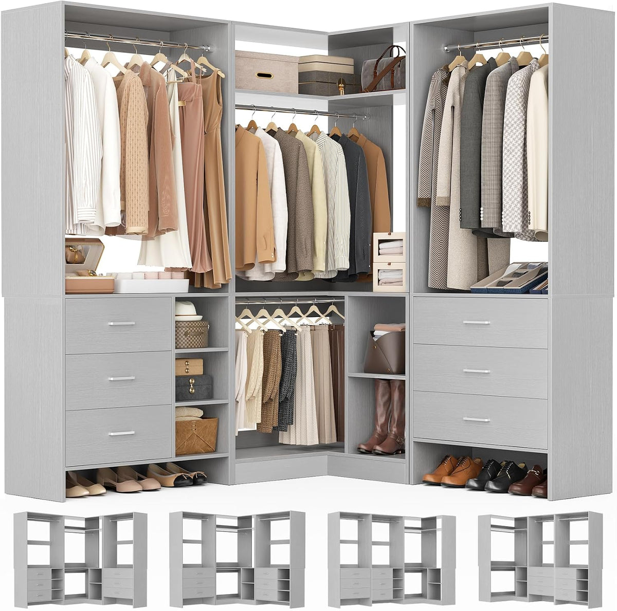 Aheaplus Closet System with 6 Drawers, 4 Hanging Rods & Corner Tower, Corner Closet System with Hanging, 84.6" L-Shaped Walk-In Wardrobe Organizer, 2000+ lbs Capacity, Set of 3, Grey