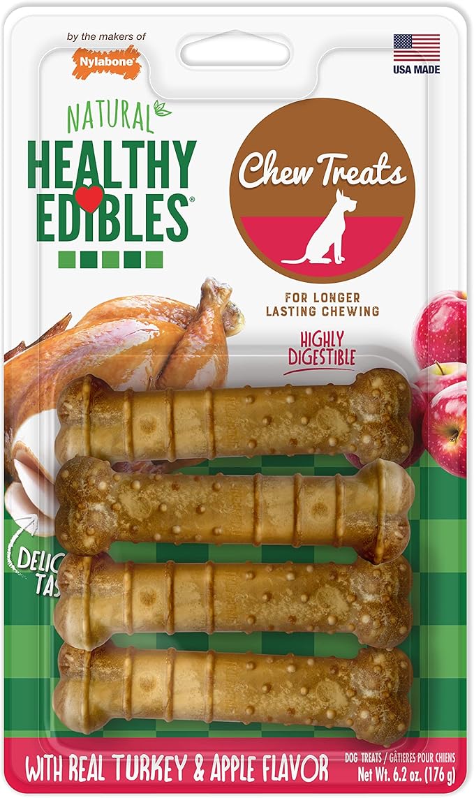 Nylabone Healthy Edibles Natural Dog Chews, Long Lasting Bones for Dogs, Turkey & Apple Flavor Dog Treats, Small (4 Count)