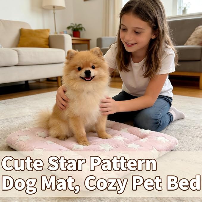Dog Bed Mat - Reversible Dog Crate Bed Mats, Soft & Breathable Kennel Pad, Durable Crate Bed for Small Dogs & Cats (Pink&White Stars, S(24"*16"*1.2"))