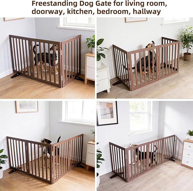 ZJSF Freestanding Indoor Dog Gate for House Foldable Wood Puppy Gate for Doorways Pet Gate for Stairs Extra Wide Pet Fence, Brown, 32" Height 3 Panels