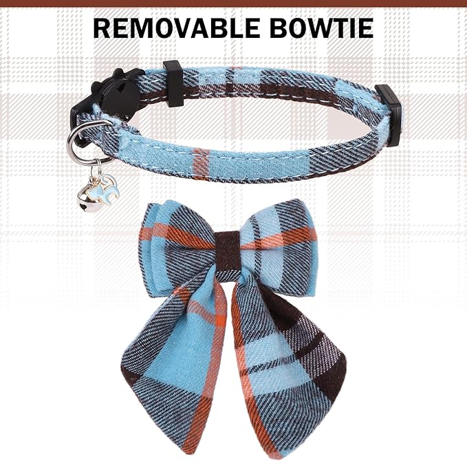 Cat Collar with Bells Breakaway, Bowtie Cat Collar for Boy Girl Cats with Removable Bow Tie Collar, Cute Plaid Kitten Collar with Bell & Pendant Adjustable, 2 Pack Pet Collars for Cats Puppy