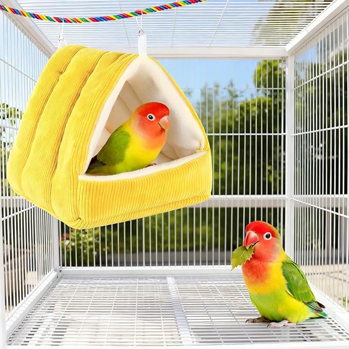 Bird Bed for Cage Winter Warm Bird Bed with Soft Plush Hanging Hammock & Hut Tent, Hideaway Sleeping Nest for Budgies, Parakeets, Cockatiels (Yellow, M)