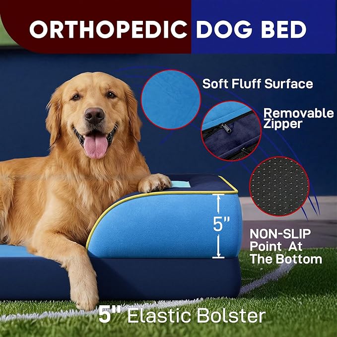 Comfort Expression Orthopedic Dog Bed for Large Dogs 36x27 Inch, Waterproof Egg Crate Foam Large Pet Bed with Removable Bolsters, Dog Couch with Washable Cover & Non-Slip Bottom, New Jersey