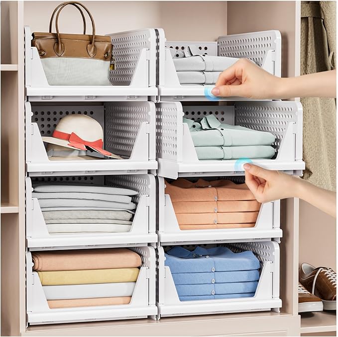 5 Pack Stackable Closet Storage Basket - Stackable Storage Bins, Multifunctional & Foldable Closet Organizer Waterproof, Wardrobe Cupboard Space-Saving Hat Storage Drawer Organizer, White