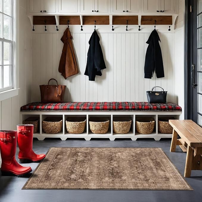 Brown Boho Washable 3x6 Entryway Runner Rug, Indoor Hallway Kitchen Floor Rug