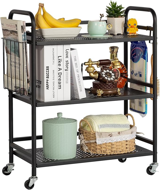 HDANI 3 Tier Metal Mesh Utility Cart,Large Capacity Multipurpose Heavy Vehicle,Rolling Trolley with to Hooks and One Basket(Black)