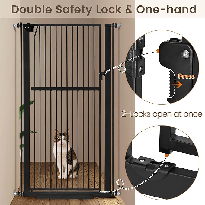 59" Extra Tall Pet Gate - Durable Metal Cat and Dog Gate With Double Safety Lock & Walk Thru Door for Indoor Stairs, Doorways, Hallways - Self Closing/Stay Open/Open Both Ways, Pressure Mounted