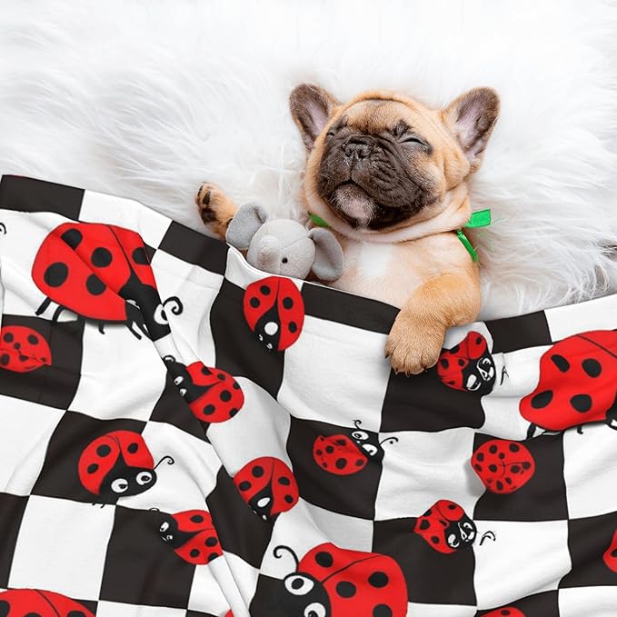 Waterproof Dog Blanket Soft Pet Blanket for Puppy Cat, Fleece Cat Throw Blankets for Furniture Bed Couch Sofa Reversible - Ladybugs of Black and White Checkers
