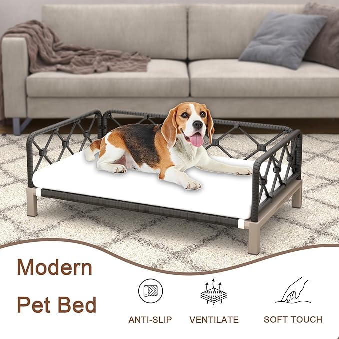 Dog Couch, 2-in-1 Dog Sofa Bed with Woven Rattan Black Wicker Frame, Indoor/Outdoor Durable Pet Sofa with Removable Plush White Cushion for Kitty, Puppy, Small Animal