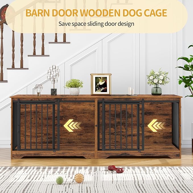 78" Dog Crate Furniture for 2 Dogs, Double Dog Cage with Divider, Wooden Heavy Duty Dogs Kennel, Pet Cage with Barn Door, TV Stand for Large Small Medium Dogs, Rustic Brown DFC83701BV1