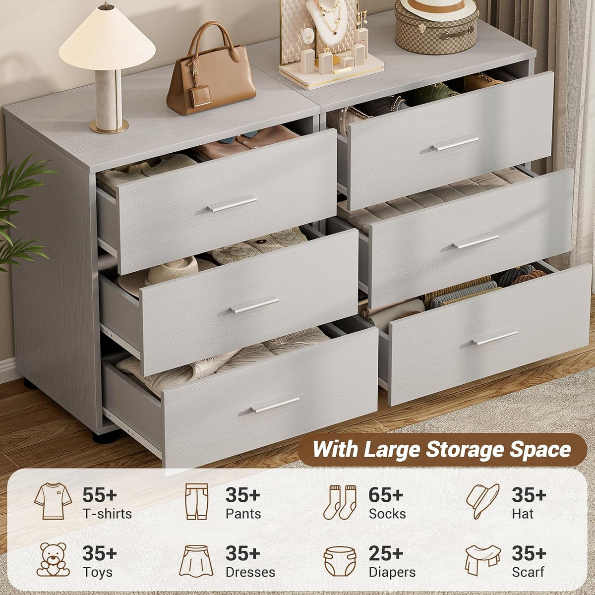 Aheaplus Closet Drawers Set of 2, Wood Closet Organizers and Storage, Grey