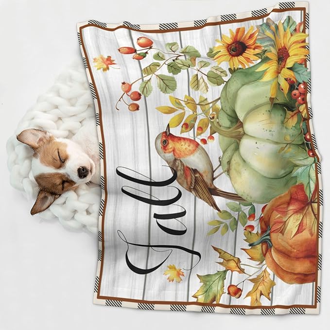 Fall Blanket for Pet - Wood Throw Blanket 40x30 Pumpkin Birds Sunflowers Couch Blankets for Puppy Dogs Cats