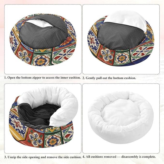 Round Cat Bed Dog Bed,13in Mexican Tile Patterns Washable Non-Slip Bottom Soft Pet Bed for Small Medium Dogs and Cats