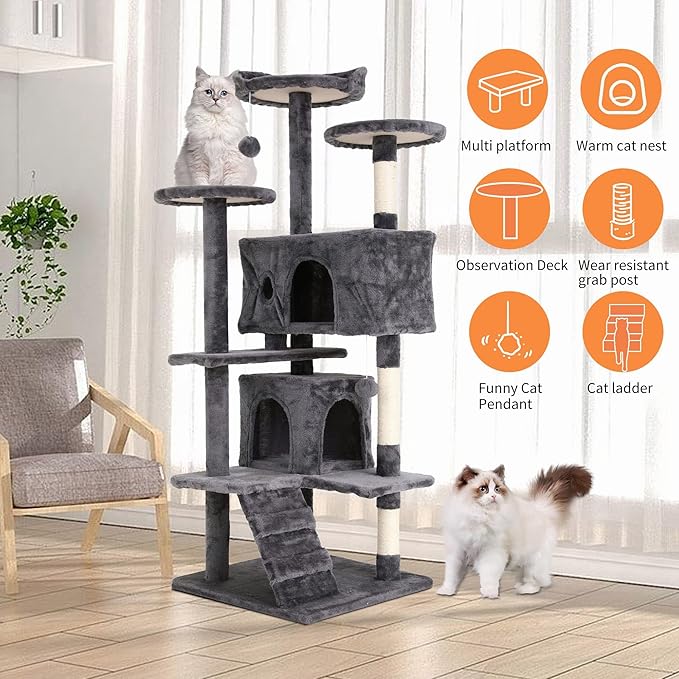 Cat Tree for Indoor Cats, Multi-Level Cat Tower with Scratching Posts & Cozy Condo, Space Saving Cat Activity Center, Durable Pet Play House (54in,Light Gray)