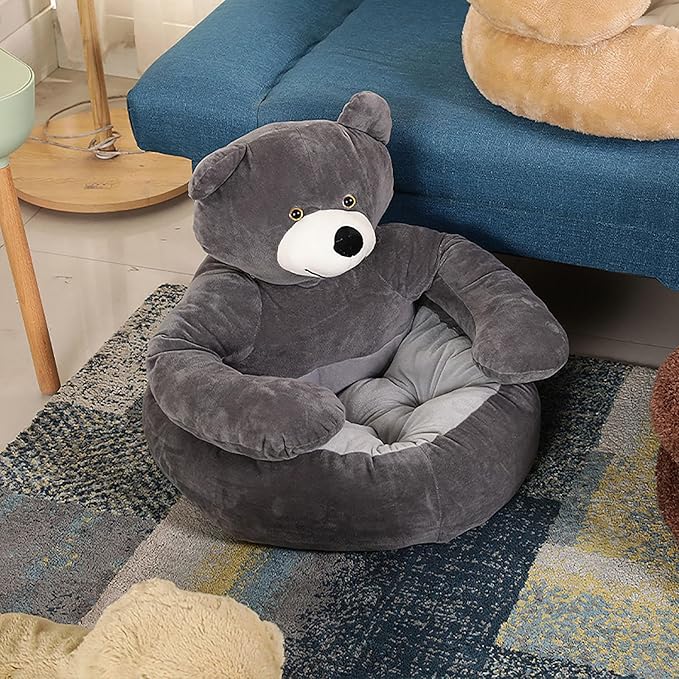 Dog Sofas & Chairs, pet Shape Sofa, Slip Resistant Dog cat Furniture, Adorable Bear Shaped Pet Sofa Bed, Washable Dog cat Couch, Plush Soft Couch for Dogs and Cats S(bottomDiameter46cm) Grey