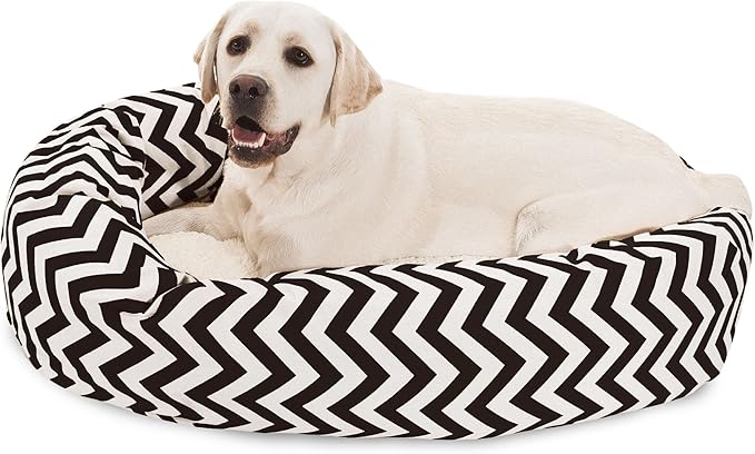Majestic Pet 40 Inch Chevron Sherpa Calming Dog Bed Washable – Cozy Soft Round Pet Bed with Spine for Head Support - Fluffy Donut Bed 40x29x9 (inch) – Large - BLACK