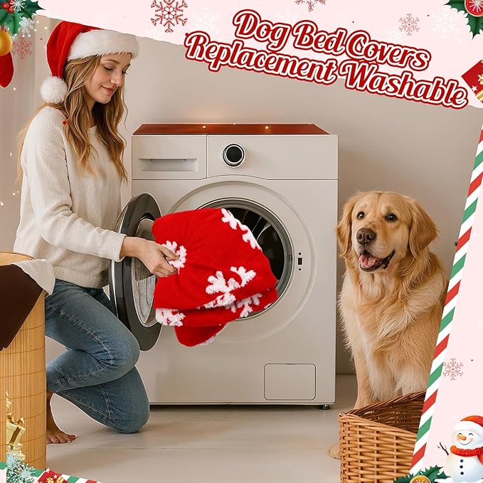 Oudain Dog Bed Cover 30 x 30 x 10 Red Snowflakes Waterproof Round Dog Bed Cover Replacement Washable for Round Dogs Beds Valentine's Day Christmas Winter Decor Scratch Resistant Mattress Protector