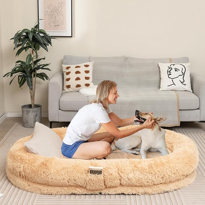 Giantex Human Dog Bed - 71" x 45" Large Human Size Dog Bed for Adult, Orthopedic Egg Crate Foam, Washable Faux Fur Bed Cover, Blanket, Pillow, for Pets and People Doze Off Napping (Brown)
