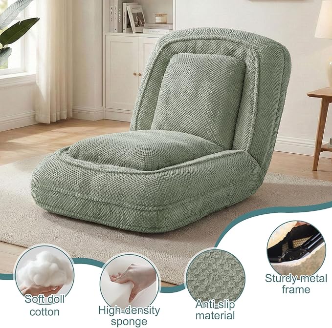 Human Dog Bed for Adults & Pets, 5-Position Adjustable Floor Chair, Convertible Lazy Sofa Bed with Metal Frame & 2 Pillows, Plush Gaming Lounge for Living Room Bedroom Office (Green)