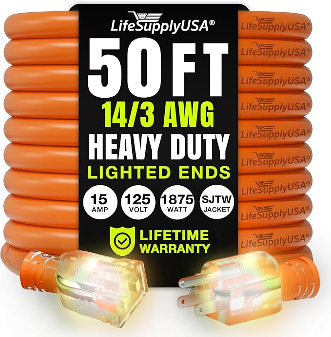 50ft Outdoor/Indoor Extension Cord 14/3 Gauge Heavy Duty 3 Prong SJTW, Waterproof, Flexible Cold-Resistant Long Power Cord,15A 125V 1875W, Orange by LifeSupplyUSA